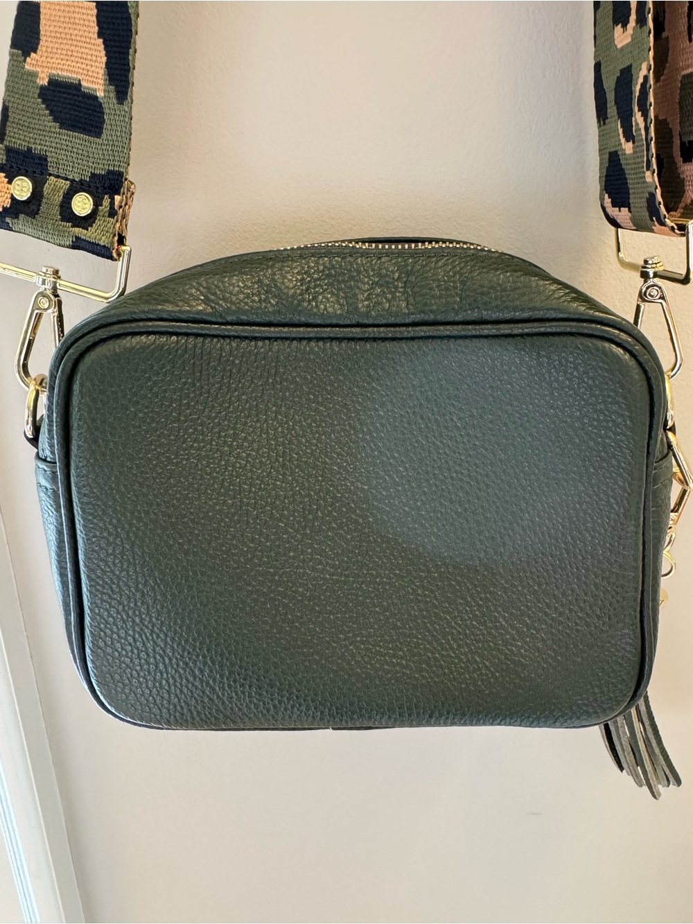 Elie Beaumont Leather Crossbody Camera Bag in Dark Green with Camouflage Strap